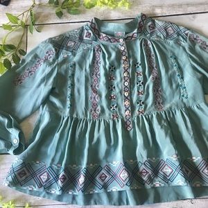 Embroidered button down silk blouse